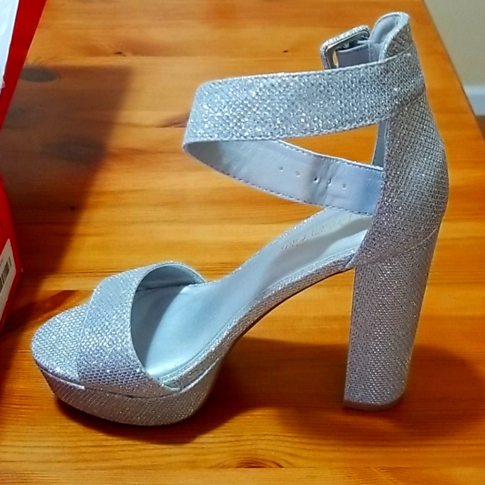 Sparkly silver platform block heels